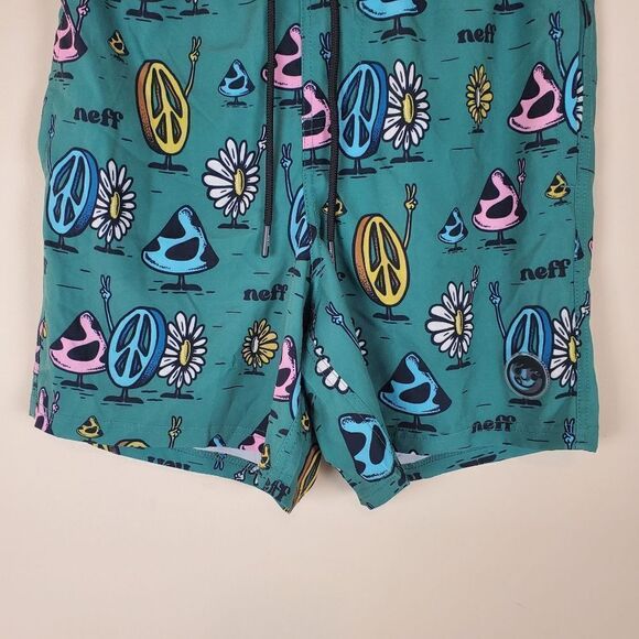 Neff Green Peace Mushroom Print Swim Trunks Size medium - Picture 3 of 8